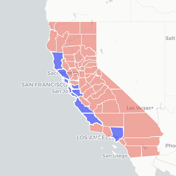 California county map showing bag law status